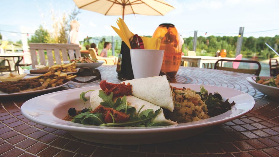 A vibrant outdoor dining setup featuring wraps and salads on a sunny day with people enjoying meals.