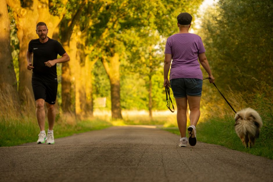 Man jogging and woman walking a dog on a picturesque outdoor path.