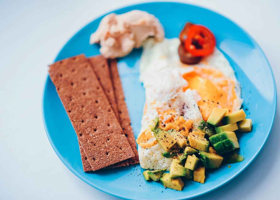 A vibrant breakfast plate featuring avocado, eggs, and crisp bread on a blue dish.