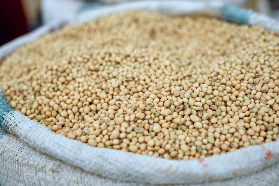 Bulk soybeans in a bag for sale at an outdoor market, emphasizing agricultural produce.