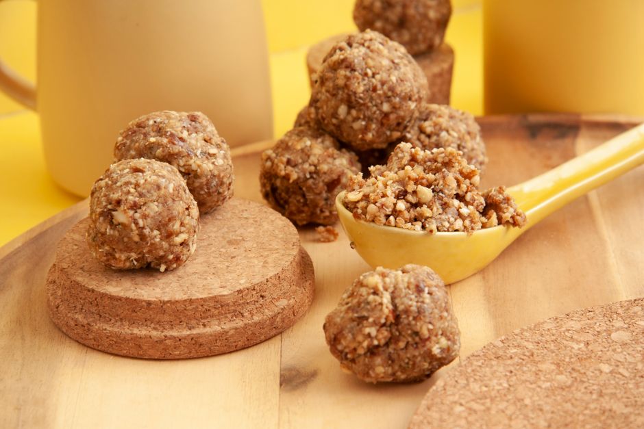 Close-up of homemade nutty energy bites, perfect for a healthy breakfast or snack.