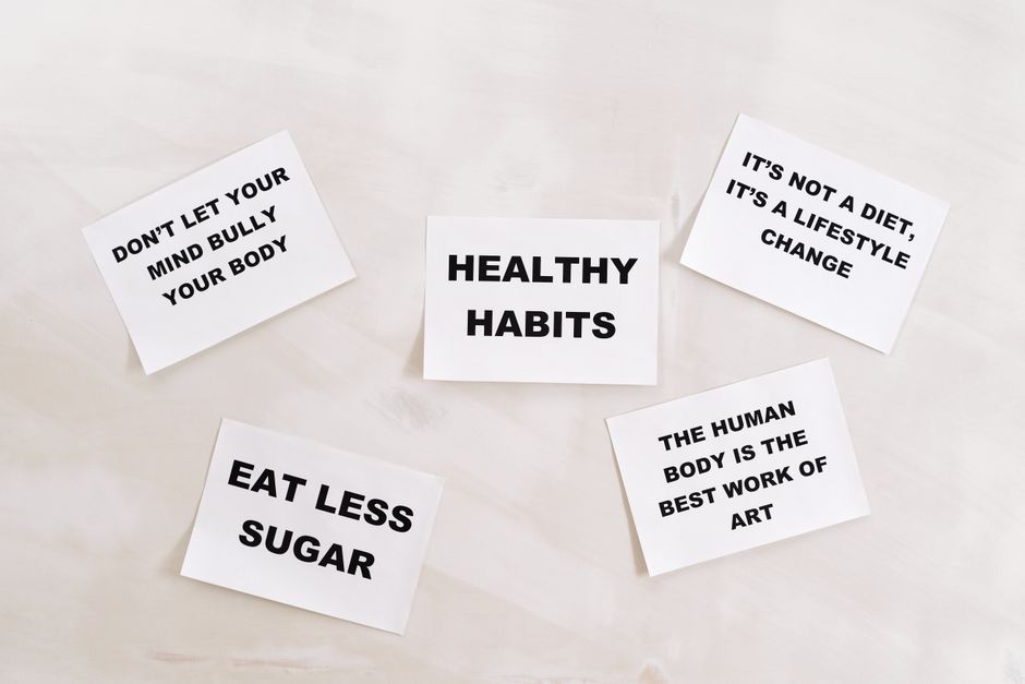 Collection of motivational cards promoting healthy habits and lifestyle on a minimalistic white background.