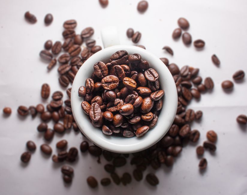 High-angle view of coffee beans in a white cup with scattered beans on a white background.