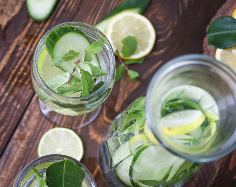Top view of lemon cucumber water with mint, perfect for detox and hydration.