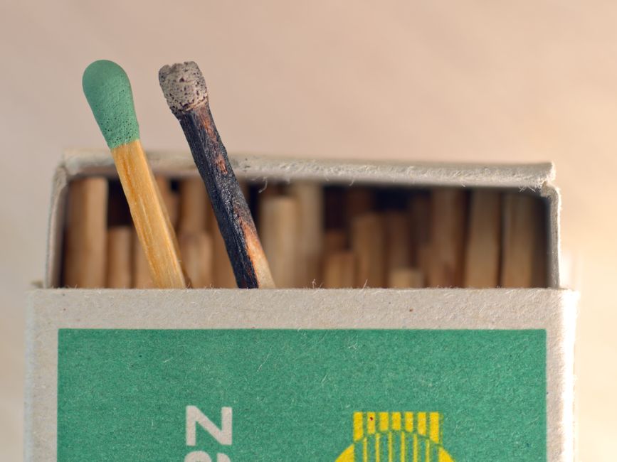 Close-up of a matchbox with new and burnt matches. Ideal for fire safety concepts.