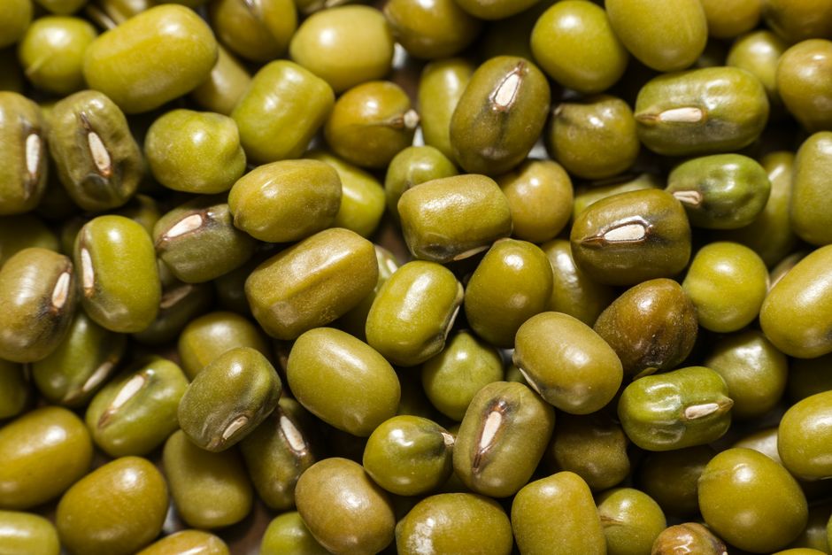 Macro photograph of fresh green mung beans, highlighting texture and color.